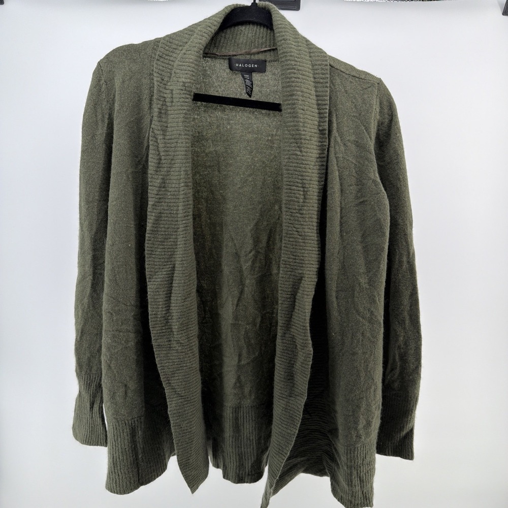 Halogen Women's 100% Cashmere Open Front Cardigan Green Relaxed Luxury One Size